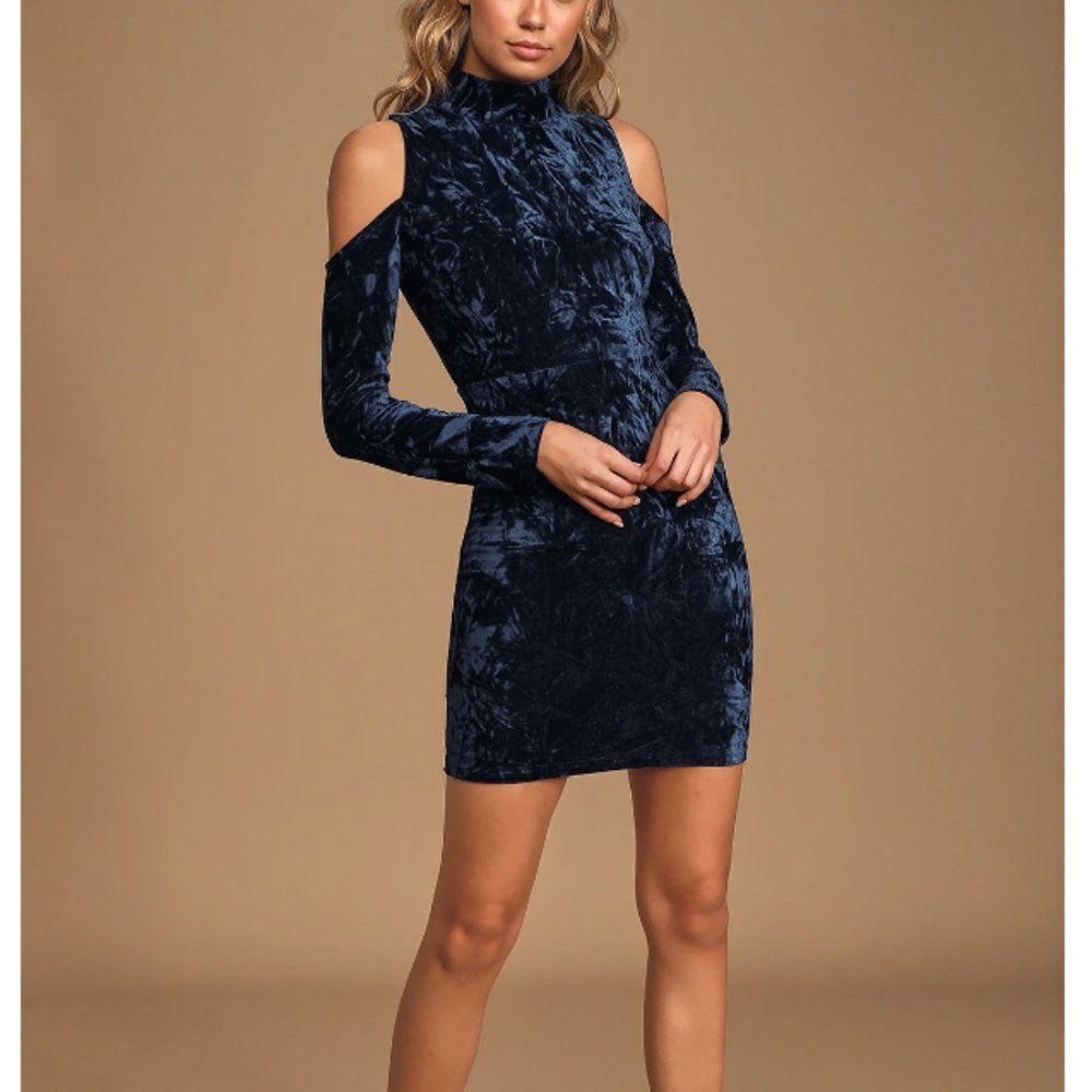 Lulu's A Little Crush Navy Blue Velvet Cold-Shoulder Bodycon Dress Size Small